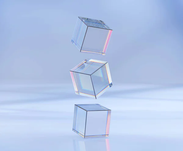 3D render, glas eller plast kuber flyger i olika vinklar på blå textur bakgrund. Klar fyrkantig lådor av akryl eller plexiglas, kristall block set, realistiska mockup glödande geometriska objekt — Stockfoto