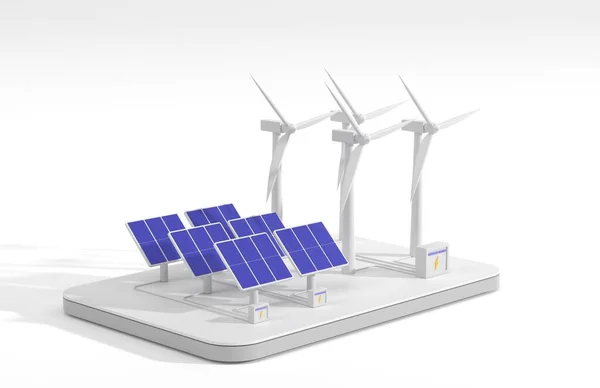 3d render, vindkraftverk och solpaneler med batteriisometrisk landningssida. Förnybar grön energi industri, elproduktion, miljövänlig kraftproduktion, miljöskydd Stockbild