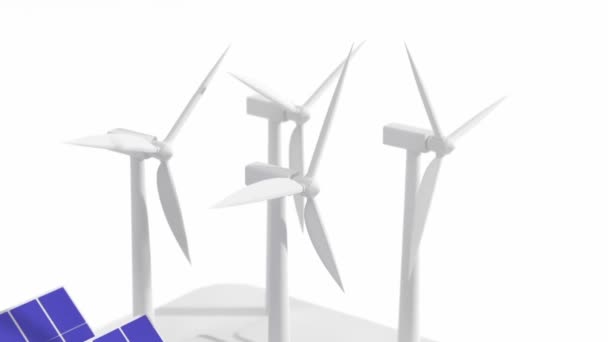 Isometric wind turbines and solar panels with battery bank, inverter or controller, angle view close up. Renewable energy sources, backup power energy storage system, eco green city, 3d animation — Stock Video