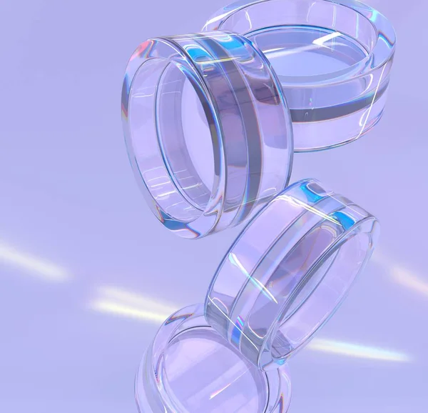 Formas geométricas abstractas, rondas de cristal o anillos iridiscentes claros con luz de dispersión sobre fondo púrpura. Efecto de refracción de los rayos en vidrio, textura holográfica del gradiente espectral, renderizado 3d —  Fotos de Stock