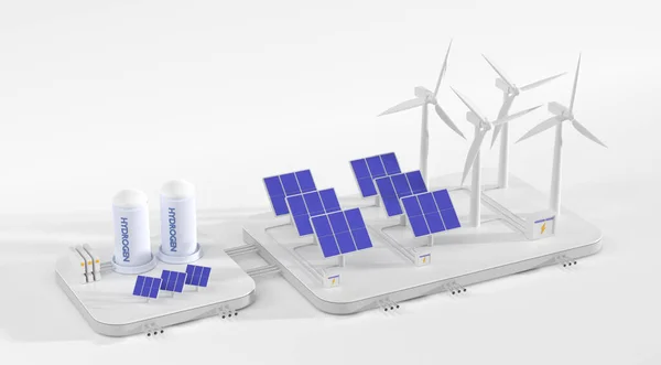 Produktion av vätgasenergi i isometrisk grafik. Koncept för förnybar elproduktion med vindkraftverk, solpaneler, batteribank och tankcontainer. Miljöskydd, 3D-återgivning illustration — Stockfoto