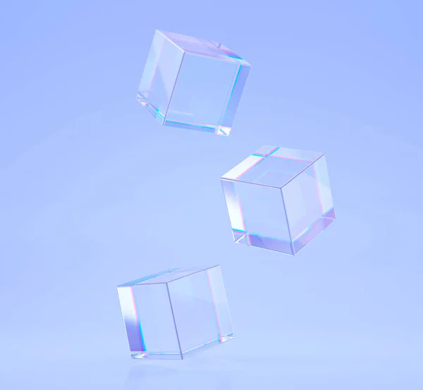 Cubes ou blocs de cristal avec effet de réfraction des rayons dans le verre. Boîtes carrées transparentes en acrylique ou plexiglas avec dégradé holographique sur fond bleu, lumière de dispersion, illustration de rendu 3d — Photo