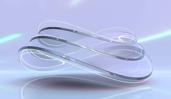 Світлове скло геометричного складу в дисперсійному світлі. Абстрактна кристалічна скульптура хвиляста гладка форма в акриловій або пластиковій, прозорий рідкий об'єкт з відображенням і промінням на фіолетовому фоні, 3d візуалізація Стокове Зображення