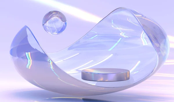 Holografik gradyan dalgalı podyum veya cam yanardöner kurdele ve kristal küre. Ürün 3d görüntüleme için ışık dağılımı ve mor arkaplan üzerindeki ışınların kırılma efekti ile boş kaide