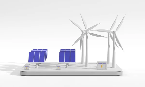 Turbinas eólicas, paneles solares y banco de baterías aislados sobre fondo blanco, renderizado 3D isométrico, vista frontal. Producción alternativa de energía renovable, producción de electricidad, concepto de energía verde — Foto de Stock
