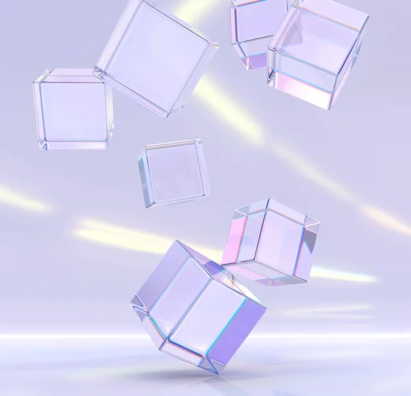 Uçan kristal küpler veya bloklar ile soyut geometrik mor arkaplan, camdaki ışınların kırılma etkisi. Dağılım ışığında akrilik ya da pleksiglas kutularını temizle, modern 3d duvar kağıdı