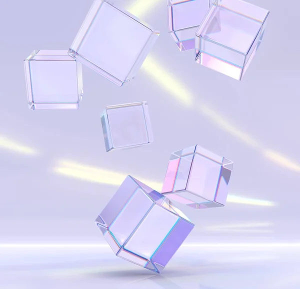 Abstrakt geometrisk lila bakgrund med flygande kristall kuber eller block, brytningseffekt av strålar i glas. Klar fyrkantiga askar av akryl eller plexiglas i dispersionsljus, modern 3D-tapet Stockfoto