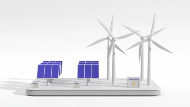 Szélturbinák, napelemek és akkumulátor bank elszigetelt fehér háttér, izometrikus 3D animáció, elölnézet. Alternatív megújulóenergia-termelés, villamosenergia-termelés, zöld energia koncepció — Stock videók