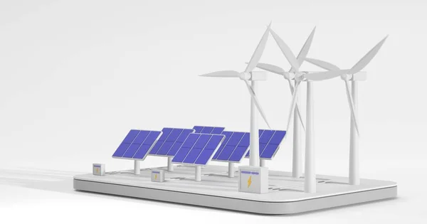Windturbinen, Sonnenkollektoren und Batteriebank isoliert auf weißem Hintergrund, isometrischer 3D-Render, Winkelansicht. Alternative Stromerzeugung aus erneuerbaren Energien, Stromerzeugung, grünes Energiekonzept — Stockfoto