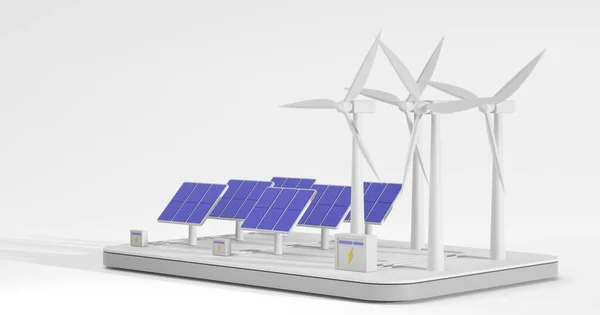 Rüzgar türbinleri, güneş panelleri ve batarya bankası beyaz arka planda izole edilmiş, izometrik 3D görüntüleme, açı görünümü. Alternatif yenilenebilir enerji üretimi, elektrik üretimi, yeşil enerji kavramı