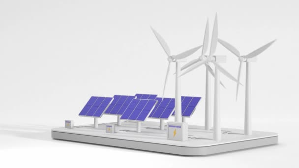 Isometrisk 3d render, vindkraftverk i rörelse, solpaneler och batteri bank på vit bakgrund, vinkel vy. Alternativ produktion av förnybar energi, elproduktion, grön energi koncept — Stockvideo