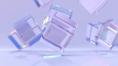 Mor geometri arka planında kristal küpler veya bloklar, camdaki ışınların kırılma etkisi. Gökkuşağı temiz kare kutular dağılım ışığı, modern yanardöner duvar kağıdı, 3D canlandırma animasyonu