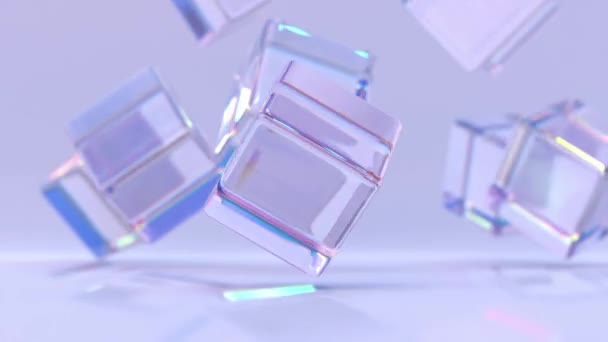 Кришталеві кубики або блоки на фіолетовому абстрактному геометричному фоні, ефект заломлення променів у склі. Прозорі квадратні коробки з веселкою в дисперсійному світлі, сучасні райдужні шпалери, 3d анімація рендеринга — стокове відео