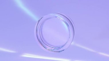 Cam soyut geometrik şekil, yanardöner kristal yuvarlak veya mor zemin üzerinde dağılım ışığı olan berrak halka. Işınların kırılma etkisi, holografik spektral gradyan doku, 3d animasyon