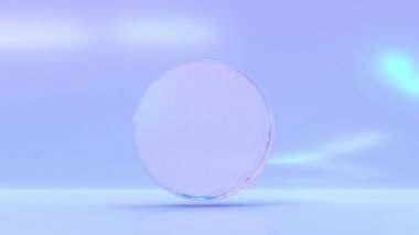 Mor zemin üzerinde hareket eden gökkuşağı ışığına sahip cam ya da kristal silindir. Disk ya da para şeklinde parlak, şeffaf, yansımalı bir daire, 3D canlandırma.