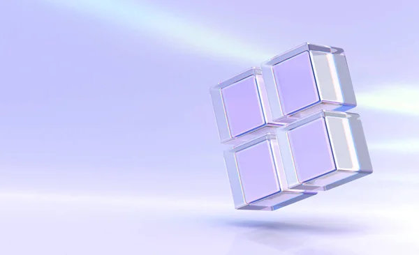 Glass square composition of crystal cubes or blocks with light dispersion and refraction effect, angle view. Clear boxes of acrylic or plexiglass isolated on purple background, 3d render illustration