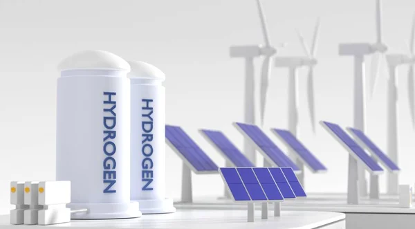 Pembangkit listrik tenaga turbin gas hidrogen dengan sumber energi terbarukan. Produksi hidrogen hijau dari kincir angin turbin dan panel surya. Wadah tangki untuk penyimpanan, ilustrasi 3d render, listrik bersih — Stok Foto