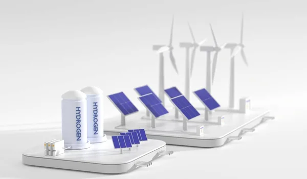 Isometrische 3D-Darstellung der grünen Energiebranche. Nachhaltiges Entwicklungskonzept mit Fabrikarbeit Wasserstoff mit Windturbinen, Sonnenkollektoren, Batterie erneuerbarer Energie und Tankcontainern für Speicherkraftstoff — Stockfoto