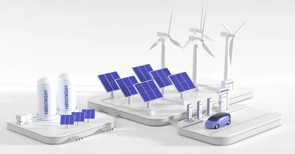 Geleceğin arabası, yenilenebilir enerji kaynakları, rüzgar türbinleri, güneş panelleri, batarya ve tank kapları olan hidrojen gazı ve elektrik şarj istasyonu. Isometric 3d resimli yakıt hücresi aracı