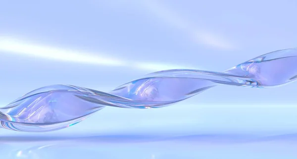 Glas of kristallen regenboog golf met dispersie-effect, 3d weergave illustratie. Stromend waterstroom spiraalvormig design element, heldere vloeistofstroom met holografische gradiënt geïsoleerd op blauwe achtergrond — Stockfoto
