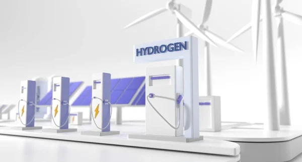 Grön Hållbar Vätgas Gas Tankning Och Elektriska Stationer Med Vindkraftverk Royaltyfria Stockfoton