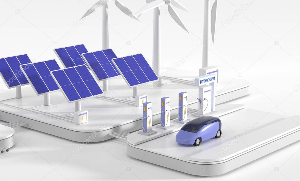 Electric and hydrogen charger stations with future car, wind turbines, solar panels and battery bank. Isometric illustration of hybrid suv fuel cell vehicle, emission eco friendly transport, 3d render