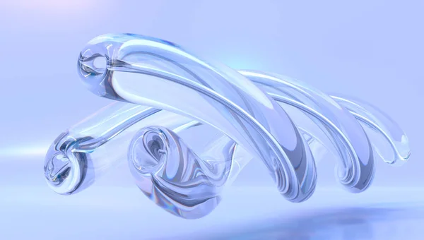 Abstracte geometrische blauwe achtergrond met glazen spiraalbuizen, heldere vloeistof met dispersie en brekingseffect, kristalsamenstelling van flexibele gedraaide buizen, modern 3D-behang, designelement — Stockfoto