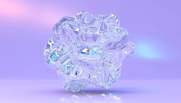 Cristal, diamante en bruto o piedra gema con efecto de refracción de los rayos en vidrio. Composición abstracta del arco iris con luz de dispersión y gradiente, bola o esfera transparente fluida sobre fondo púrpura, renderizado 3d — Foto de Stock