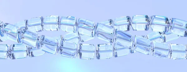 ガラス抽象波、結晶ブロックまたは透明な氷のキューブのスパイラル組成、青い背景に分散効果と屈折光を持つ透明な液体色収差オブジェクト、 3Dレンダリングイラスト — ストック写真