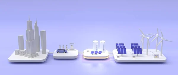 Güneş panelleri, rüzgar türbinleri ve bataryalı hidrojen depolama tankları. Akıllı şehir, şarj istasyonları ve elektrikli araba için yenilenebilir yenilenebilir enerji şebekesi.