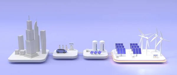 Erneuerbare-Energien-Industrie mit Windrädern, Sonnenkollektoren, Wasserstoffspeichern und Batterien. Öko-grüne Stadt mit Elektroauto an Ladestation. Isometrisches 3D-Mockup Smart Grid System — Stockfoto