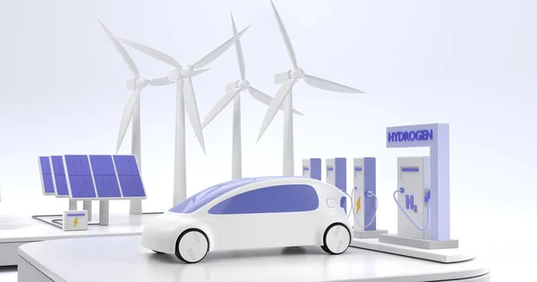 Hidrojen H2 ve elektrikli şarj istasyonu. Yeşil enerji kavramı, yenilenebilir kaynaklı eko teknolojiler. Rüzgar türbinleri, güneş panelleri ve bataryası olan modern bir araç.