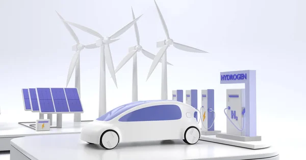 Väte H2 och elektrisk laddstation med framtida bil. Begreppet grön energi, ekoteknik med förnybara resurser. Moderna fordon med vindkraftverk, solpaneler och batteri, 3d render Royaltyfria Stockfoton