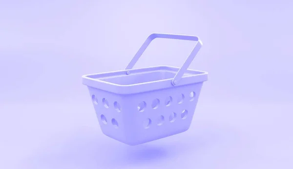 Carrito de compras sobre fondo púrpura, 3d render. Cesta vacía del supermercado, equipo de los clientes para la compra en la tienda al por menor o en línea, supermercado y mercado de la tienda. Ilustración mínima monocromática —  Fotos de Stock