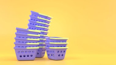 Alışveriş sepeti yığınları, mor boş plastik market arabaları, sarı arka planda izole edilmiş. Perakende veya mağaza, market ve market alışverişi için ekipman, 3D resimleme