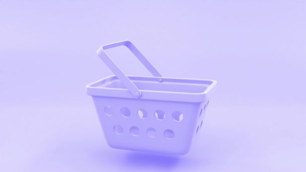 Carrello della spesa su sfondo viola, rendering 3d. Cesto vuoto del supermercato, attrezzatura dei clienti per l'acquisto nel negozio al dettaglio o online, nel supermercato e nel mercato dei negozi. Animazione monocromatica minima — Video Stock