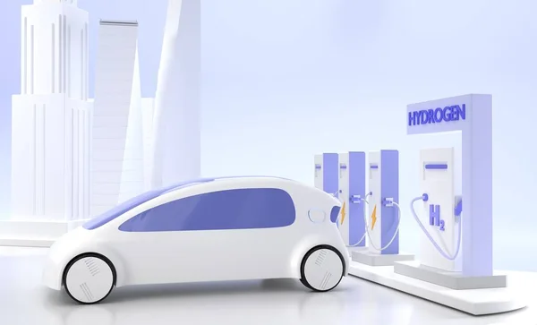 Hidrojen H2 ve modern arabalı elektrik şarj istasyonu, gelecekteki yakıt ikmal servisi, şehrin arka planında enerji pili olan hibrit araç, kentsel otomobil için ekolojik yakıt satışı, 3D