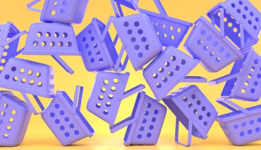 Sarı arka planda alışveriş sepetleri, modern duvar kağıtları. Mor boş plastik market arabası, perakende mağazası, market ve markette satılıyor. Asgari kalıp, 3d oluşturma