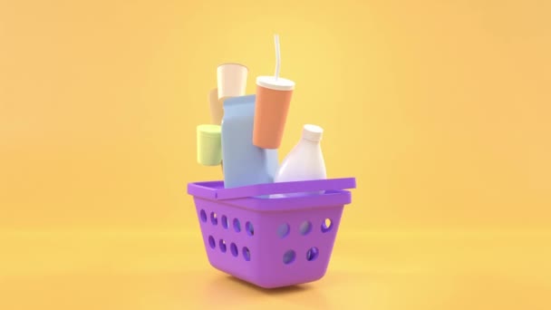 Warenkorb mit Lebensmittelgeschäft auf gelbem Hintergrund, 3D-Animation. Lila tragen Lebensmittel, Milch, Brot und Getränke bei sich. Lieferung von Produkten aus Online-Shop, Einzelhandel oder Markt, digitales Marketing — Stockvideo