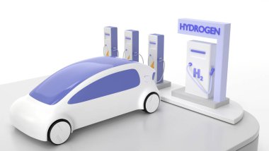 Hidrojen H2 ve elektrikli şarj istasyonu. Yakıt deposu bataryalı hibrit araç için yakıt ikmali, çevre dostu nakliye emisyonu yok. Yeşil enerji kavramı, 3d render