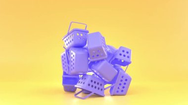 Yığınla mor alışveriş sepeti, boş plastik market arabalarından kompozisyon, sarı arka planda modern sanat objesi. Markette veya markette satın alma ekipmanı, 3D animasyon