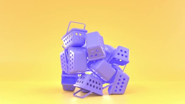 Pila de cestas de compras púrpura, composición de carros de supermercado de plástico vacíos, objeto de arte moderno sobre fondo amarillo anaranjado. Equipo para la compra en tienda de comestibles o mercado, animación 3d — Vídeos de Stock