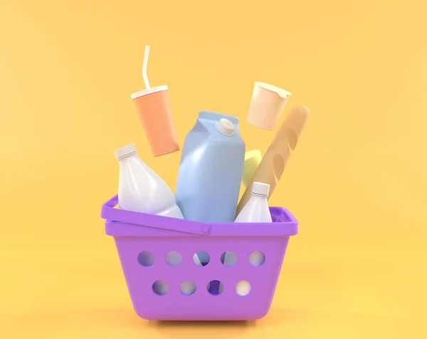 Yiyecek ve içeceklerle dolu alışveriş sepeti, market ve mandıra ürünleriyle dolu plastik market arabası, ekmek, şişe süt ve kutu suyu. Çevrimiçi dükkandan, perakende mağazasından ya da pazardan teslimat, 3D render