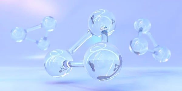 科学的または医学的バナーのための抽象分子構造。科学、化学、医学、顕微鏡研究の概念。紫色の青の背景に透明3D球を接続 — ストック写真