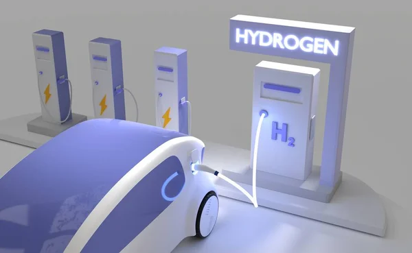 Auto s vodíkovým nebo hybridním motorem na čerpací stanici se zářivým kabelem v noci. Plnění pohonných hmot pro vozidla s palivovými články, ekologická doprava bez emisí s energetickou baterií, 3d vykreslení — Stock fotografie