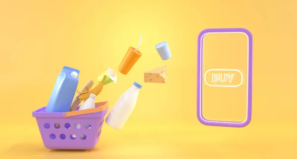 Onlineshopping i mobilapp, 3D render. Smartphone ram med knapp köp och korg med matvaror. Mataffär vagn med ost, frukt, mjölk och bröd. Leveransprodukter från detaljhandel eller marknad. Stockbild