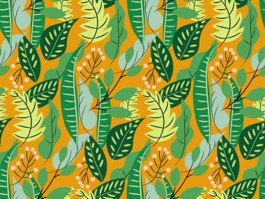 Zengin sarı bir arka planda egzotik yaprakları olan kusursuz bir desen. Cennet Bahçesi yaprakları, böğürtlenler. Yaratıcı tropikal yaprak serası. Tekstil baskısı, moda, iç mekan, duvar kağıdı için vektör tasarımı...