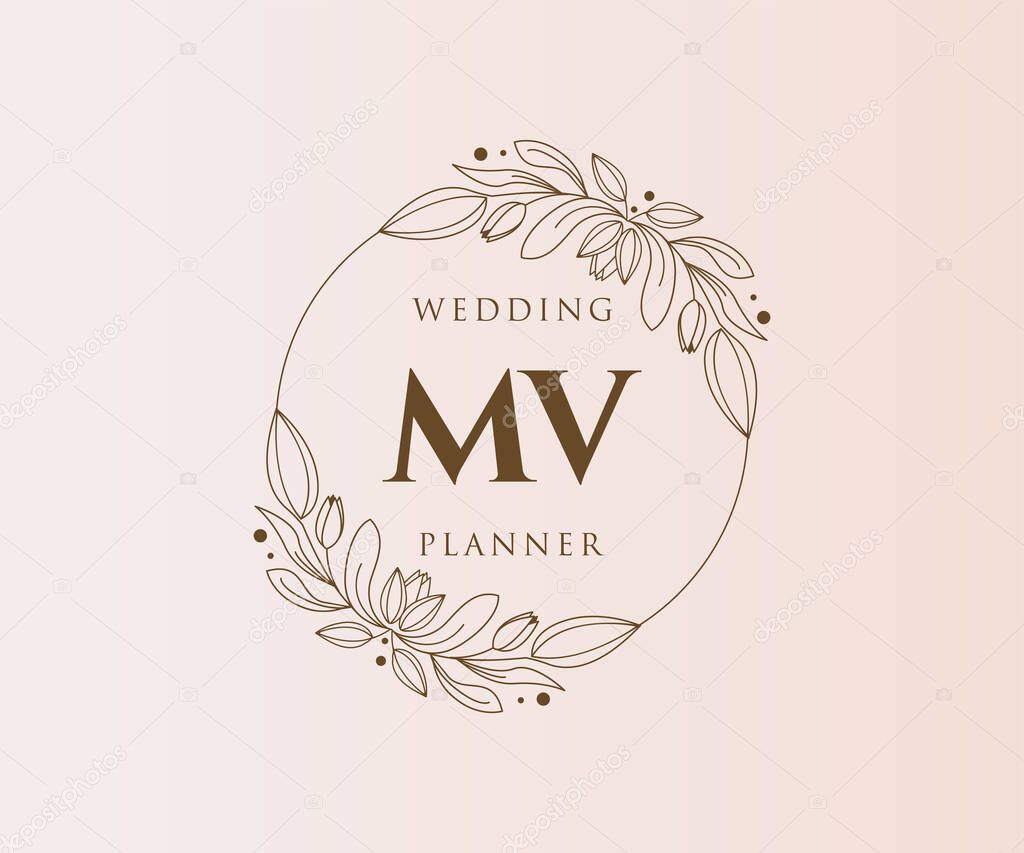 MV Initials letter Wedding monogram logos collection, hand drawn modern minimalistic and floral templates for Invitation cards, Save the Date, elegant identity for restaurant, boutique, cafe in