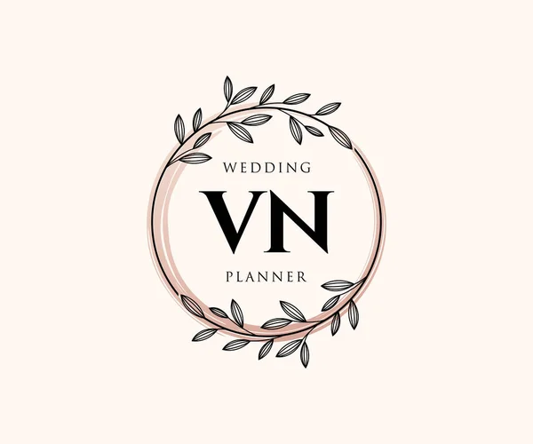 Vnのイニシャル文字結婚式のモノグラムロゴコレクション 招待カードのための現代的なミニマルで花のテンプレートを手描き 日付を保存し レストラン ブティック カフェのためのエレガントなアイデンティティ — ストックベクタ
