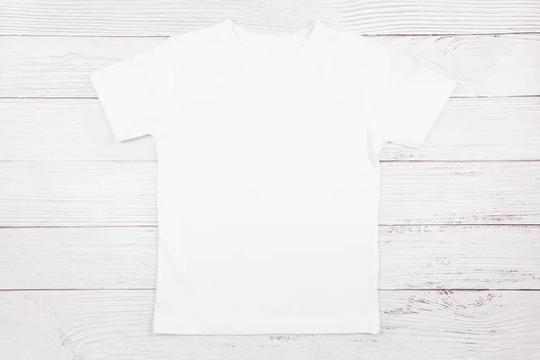 Witte Womens Katoen Tshirt Mockup Houten Ondergrond Design Shirt Template — Stockfoto